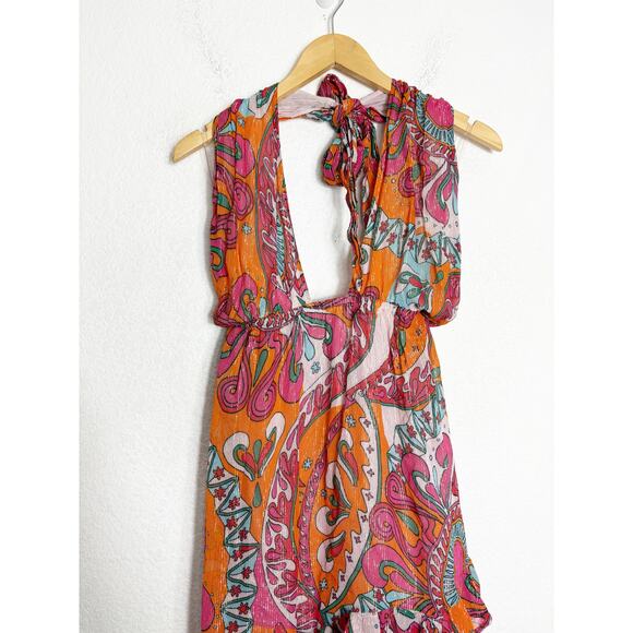 Sundress Amina Dress Size Large Fuchsia orange Print Halter Neck Asymmetric Hem - Picture 9 of 14